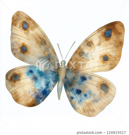Soft blue and beige watercolor butterfly displays intricate patterns on a white canvas 128915017