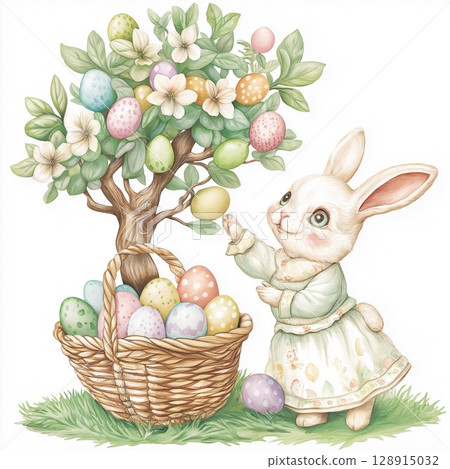 Easter celebration featuring a bunny, pastel flowers, and colorful eggs in a basket Easter celebration featuring a bunny, pastel flowers, and colorful eggs in a basket 128915032