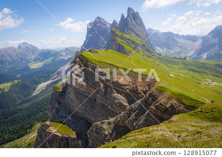 Scenic Seceda ridgeline in Dolomites Italy offers stunning views for hikers Scenic Seceda ridgeline in Dolomites Italy offers stunning views for hikers 128915077