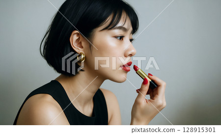 Profile of a woman putting on lipstick 128915301