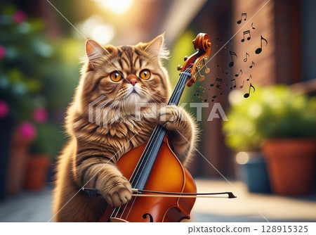 A humorous and memorable scene of a cat playing the double bass in the street. 128915325