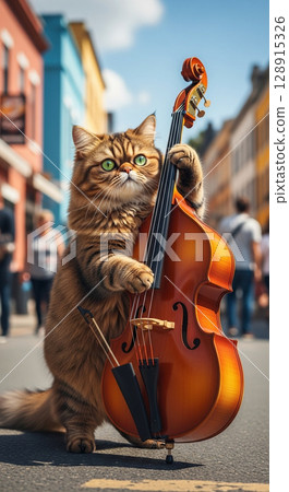 一隻貓在街上彈奏低音提琴的幽默而令人難忘的場景。 一隻貓在街上彈奏低音提琴的幽默而令人難忘的場景。 128915326
