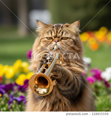 A humorous illustration of a cat playing a trumpet in front of a flower bed 128915339