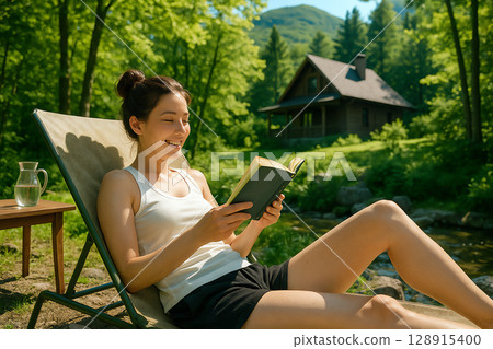Woman enjoying reading in nature 128915400