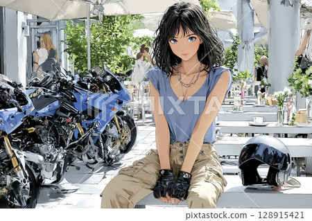 Riders Cafe - Illustration of a female rider taking a break while looking at her bike Riders Cafe - Illustration of a female rider taking a break while looking at her bike 128915421