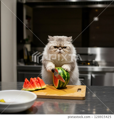 Unique AI illustration of a white cat cutting a watermelon in the kitchen 128915425