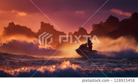 男騎士在波濤洶湧的海浪中馳騁，奔向夕陽 128915458