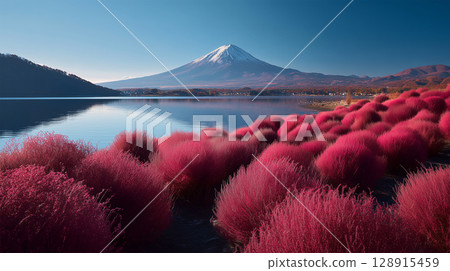 初秋時節，富士山與藜蘆交相輝映，景色絢麗多彩 128915459