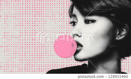A woman makes pink gum on a retro background 128915460