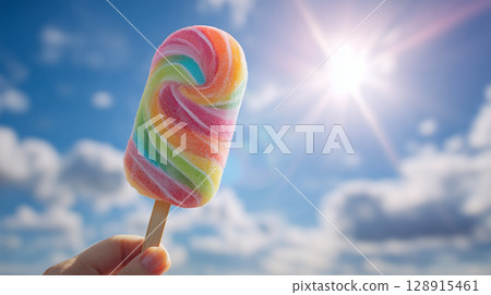 一個孩子在藍色的夏日天空下提供彩虹色的冰淇淋 128915461