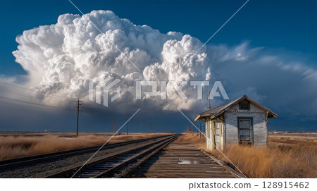 A man sits on a deserted train platform in the afternoon, gazing at the approaching clouds. 128915462