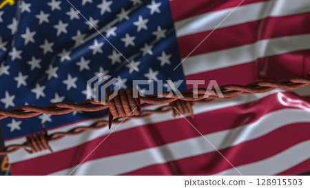 The America Flag and barbed wire for Business crisis concept 3d Rendering. 128915503