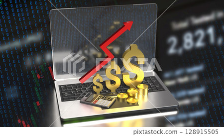 The Gold Dollar and Arrow up on laptop for Business concept 3d Rendering. The Gold Dollar and Arrow up on laptop for Business concept 3d Rendering. 128915505