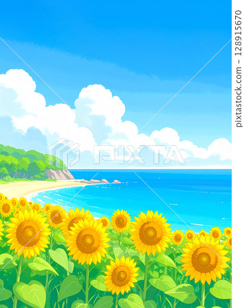 Sunflowers, sea, blue sky 128915670