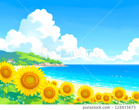 Sunflowers, sea, blue sky 128915673