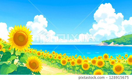 Sunflowers, sea, blue sky 128915675