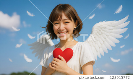 Smiling angel embracing a heart 128915772