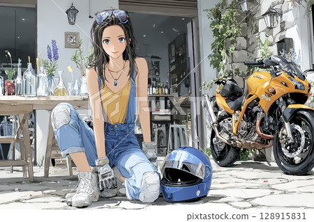 Riders Cafe - Illustration of a female rider taking a break while looking at her bike Riders Cafe - Illustration of a female rider taking a break while looking at her bike 128915831