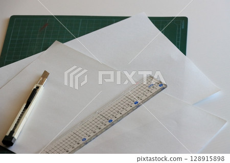 Cutter knife and ruler Paper craft tools Cutter knife and ruler Paper craft tools 128915898