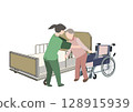 A picture of a caregiver transferring an elderly person to a wheelchair 128915939