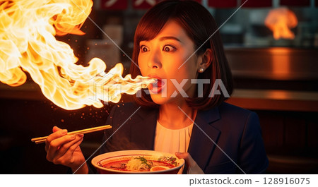 Japanese woman blows fire from mouth after eating super spicy ramen 128916075