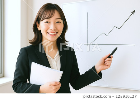 Young women's everyday scenes: smiling, serving, presenting, makeup 128916127