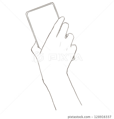Hand holding a smartphone Simple line drawing illustration Hand holding a smartphone Simple line drawing illustration 128916337