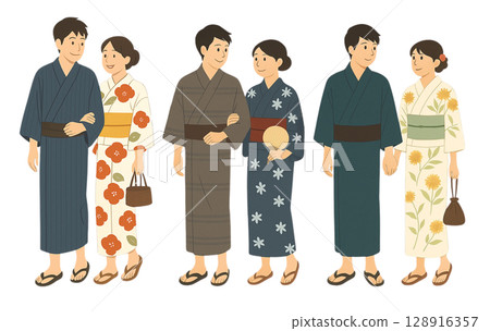 3 套夏季浴衣情侶裝 - 節慶和活動的日式插圖 128916357