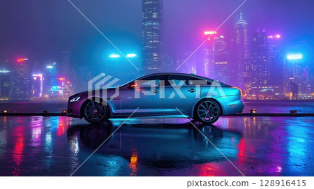 豪華轎車與城市夜景為背景 128916415