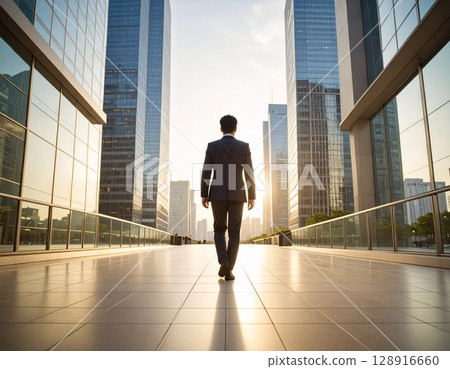 Businessman walking in town 128916660