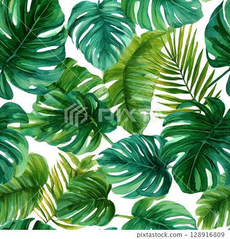 Seamless Tropical Watercolor Pattern with Monstera, Banana Leaves, and Palm Fronds 128916809