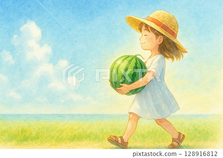 拿著西瓜走路的女孩 拿著西瓜走路的女孩 128916812