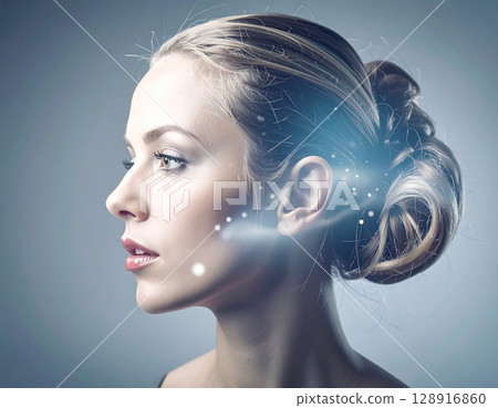 Woman's profile and network image 128916860