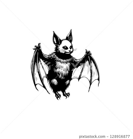 Monochrome bat illustration showcasing intricately drawn wings and facial features 128916877