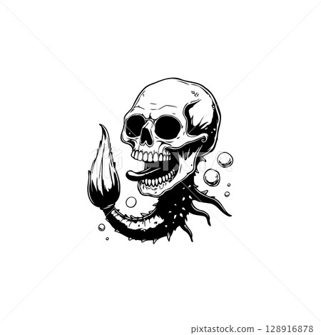 Intricate black and white skull illustration with scorpion tail, gothic and edgy design 128916878