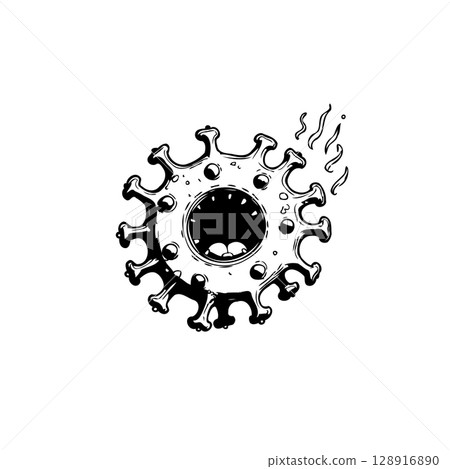 Angry coronavirus variant screaming, expressive illustration of infectious disease with burning trails 128916890