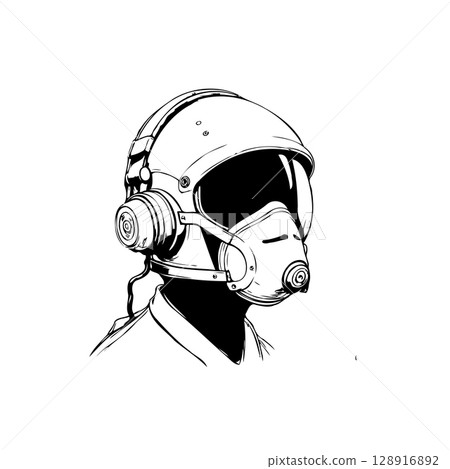 Monochromatic portrayal of a speculative futuristic helmet design with breathing apparatus 128916892