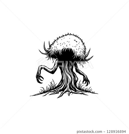 Creepy anthropomorphic tree monster illustration in black and white simple drawing 128916894