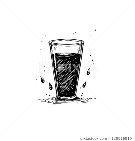 Illustration of refreshing dark drink in glass with drops and spill around Illustration of refreshing dark drink in glass with drops and spill around 128916910