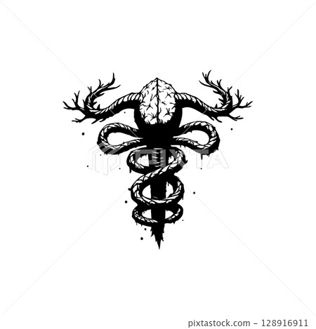Intricate conceptual medical caduceus artwork illustration featuring brain, snakes, antlers 128916911