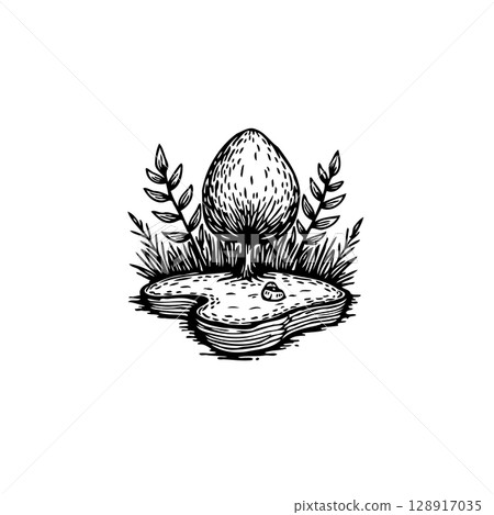 Monochrome botanical illustration featuring a stylized tree and surrounding flora 128917035