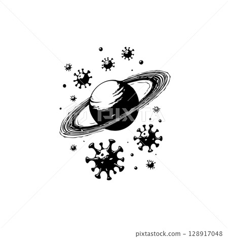 Conceptual Illustration: Planet Saturn Surrounded by Virus Molecules in Black and White 128917048