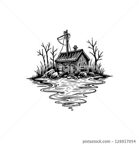 Illustrative Sketch of Isolated Cabin on a Small Island Surrounded by Water 128917054