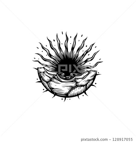 Mystical sunrise over ancient stone ruins with stylized sun rays, illustration Mystical sunrise over ancient stone ruins with stylized sun rays, illustration 128917055