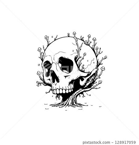 Illustrative Skull Emerging from a Tree with Floral Details, Isolated on White Illustrative Skull Emerging from a Tree with Floral Details, Isolated on White 128917059