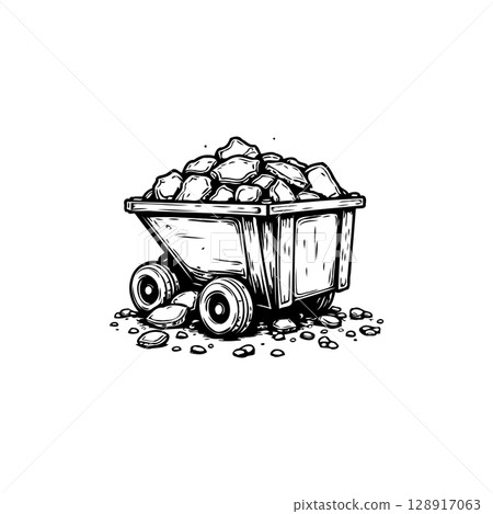 Black and white illustration of a mine cart filled with rocks and minerals 128917063