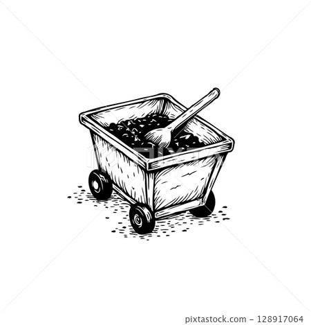 Vintage coal mine cart illustration loaded with coal and a shovel black and white 128917064