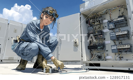 Illustration material of a female engineer supporting communication infrastructure 128917131