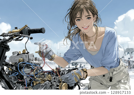 Illustration material of a woman doing maintenance on an off-road bike 128917133