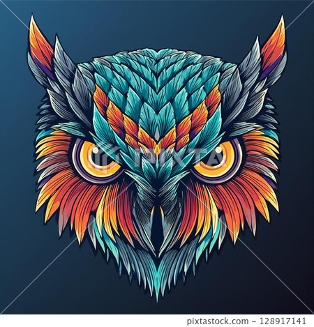 A front-facing illustration of an owl drawn in vivid colors 128917141